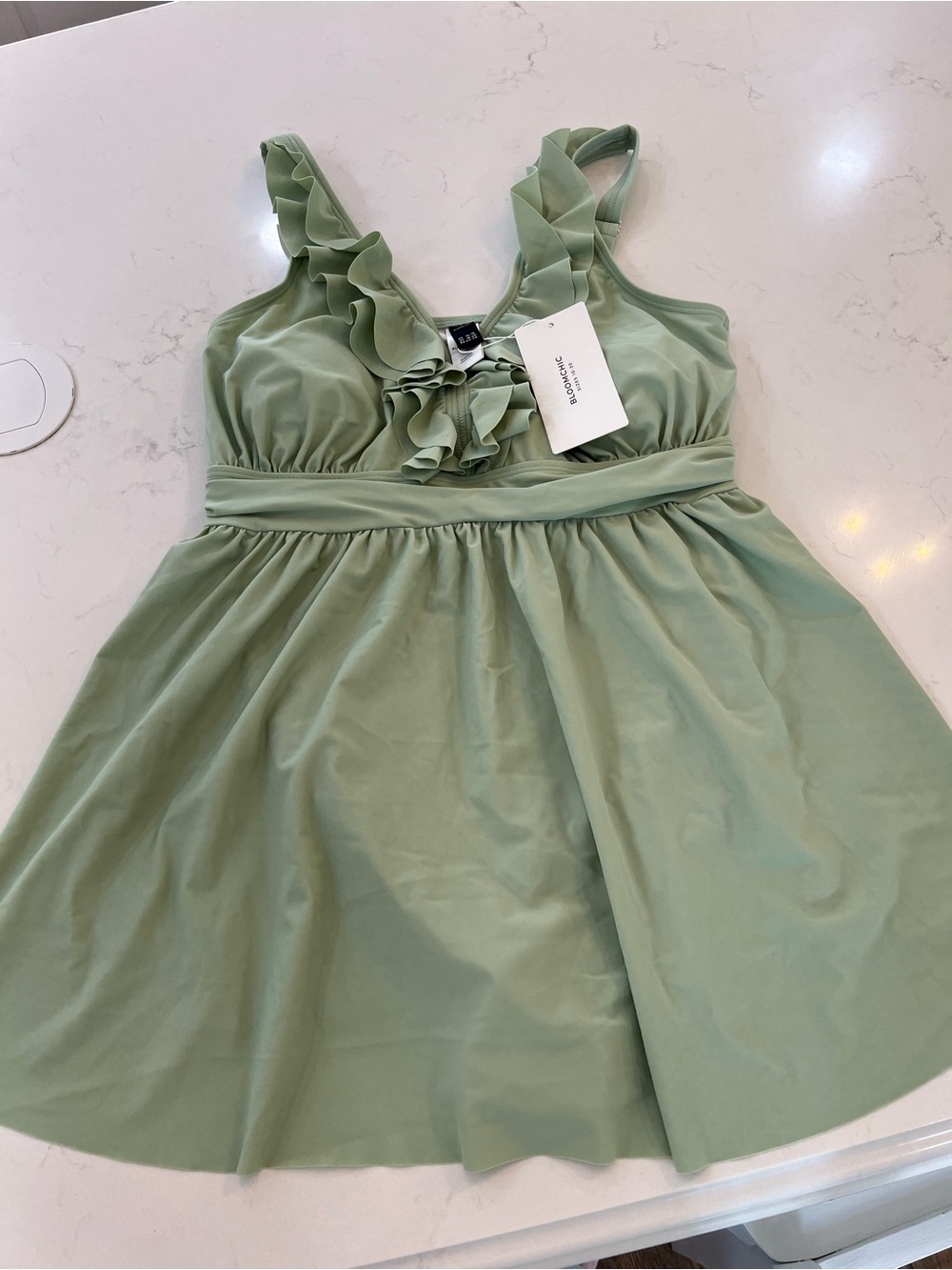 BloomChic Sage Green Ruffle-Front One-Piece Swimdress